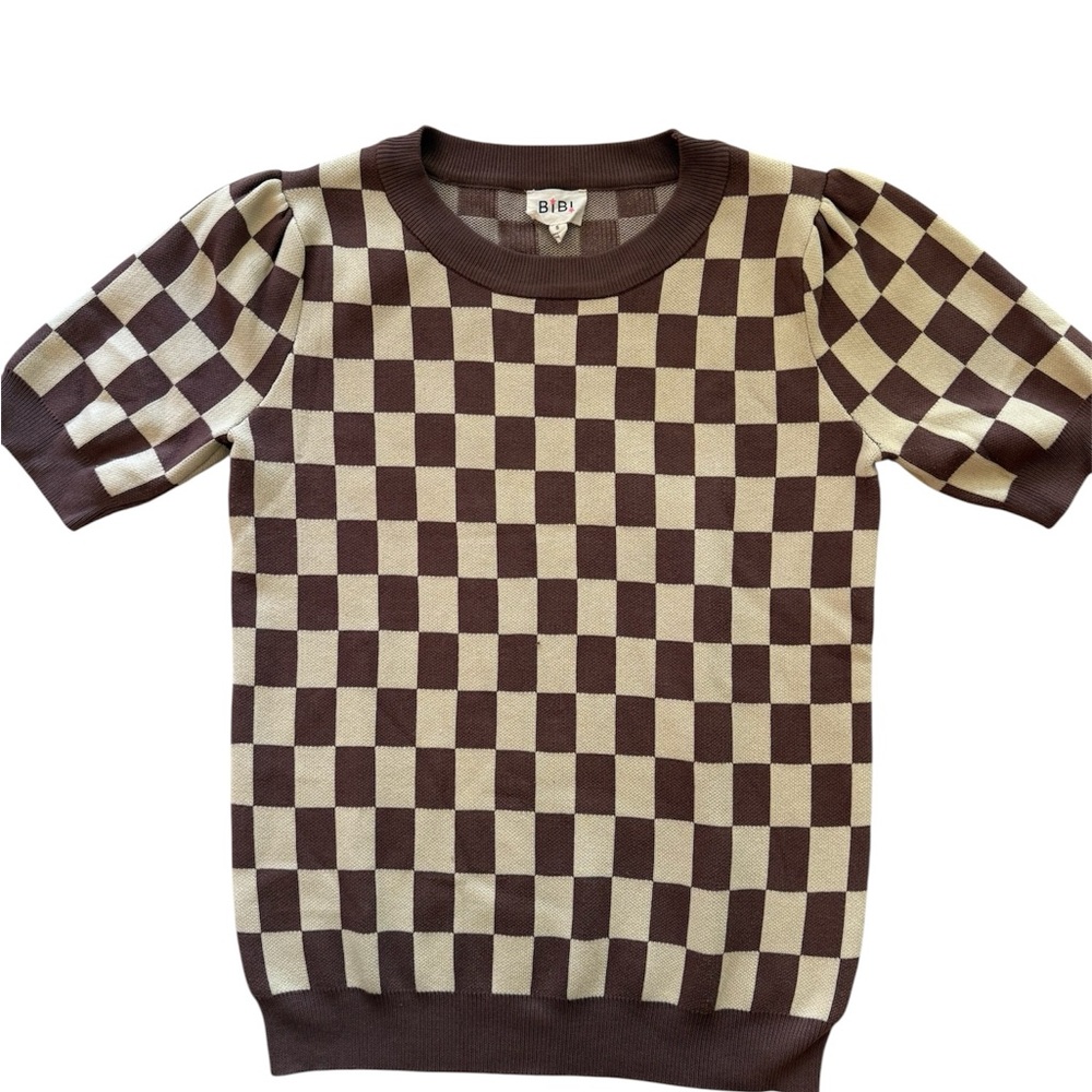 BiBi Brown and Cream Checkered Crewneck Sweater
